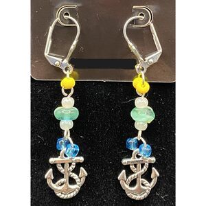 Handmade Anchor & Aqua Blue Yellow White Glass Bead Earrings by Neanie-Bot